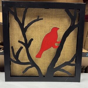 Black Frame with Red metal bird Bird on metal tree with burlap Wall Art